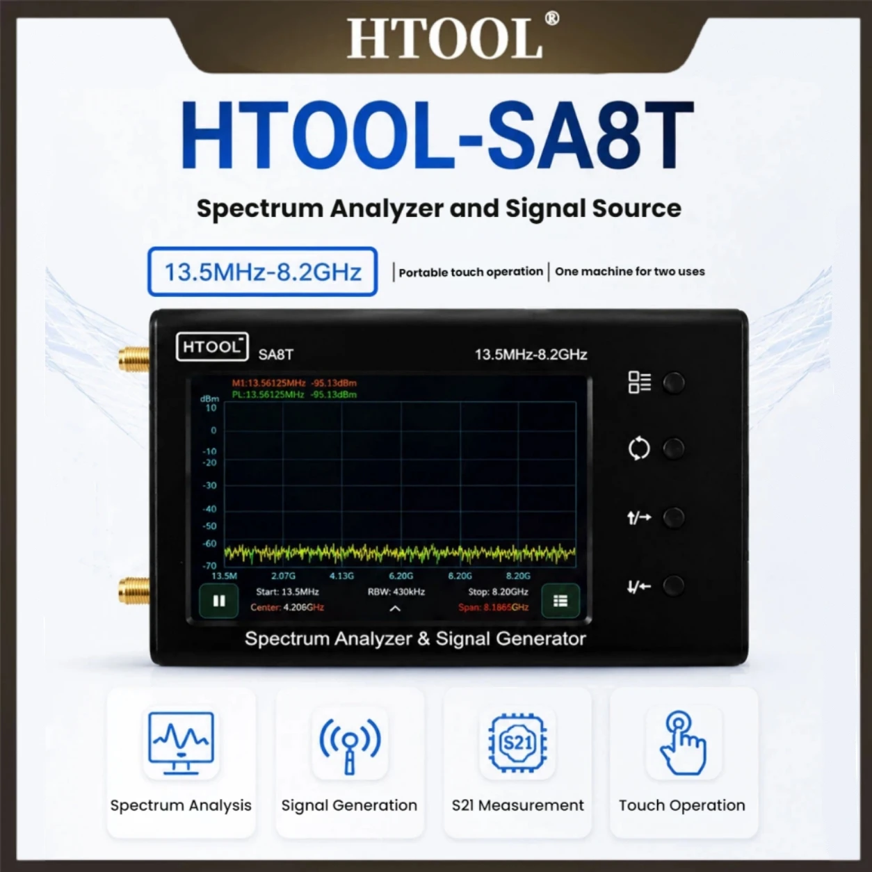HTOOL-SA8T Handheld Spectrum Analyzer 13.5MHz-8.2GHz Signal Source -105dBm S21 Measurement for RF Testing