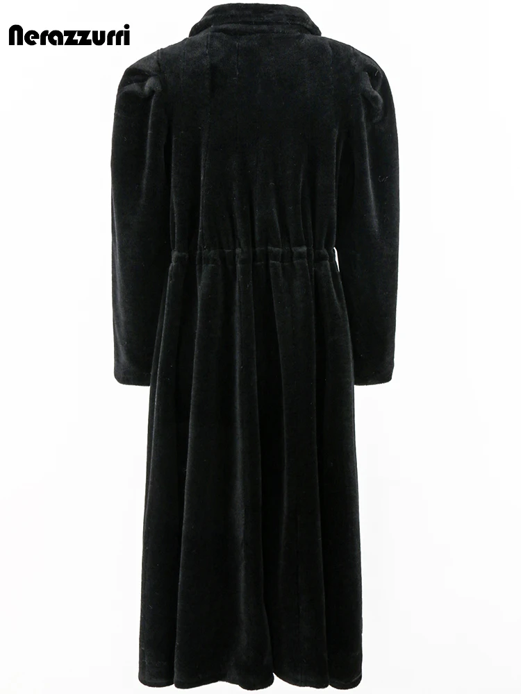 Nerazzurri Autumn Winter Long Black Thick Warm Skirted Real 100% Wool Coat Women Drawstring Waist Puff Sleeve Peter Pan collar