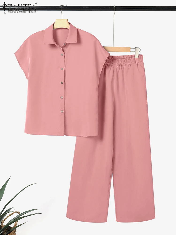 

ZANZEA Fashion Summer Pant Sets 2PCS Women Matching Sets Short Sleeve Solid Blouse Suit Casual OL Work Tracksuits Two Pieces Set