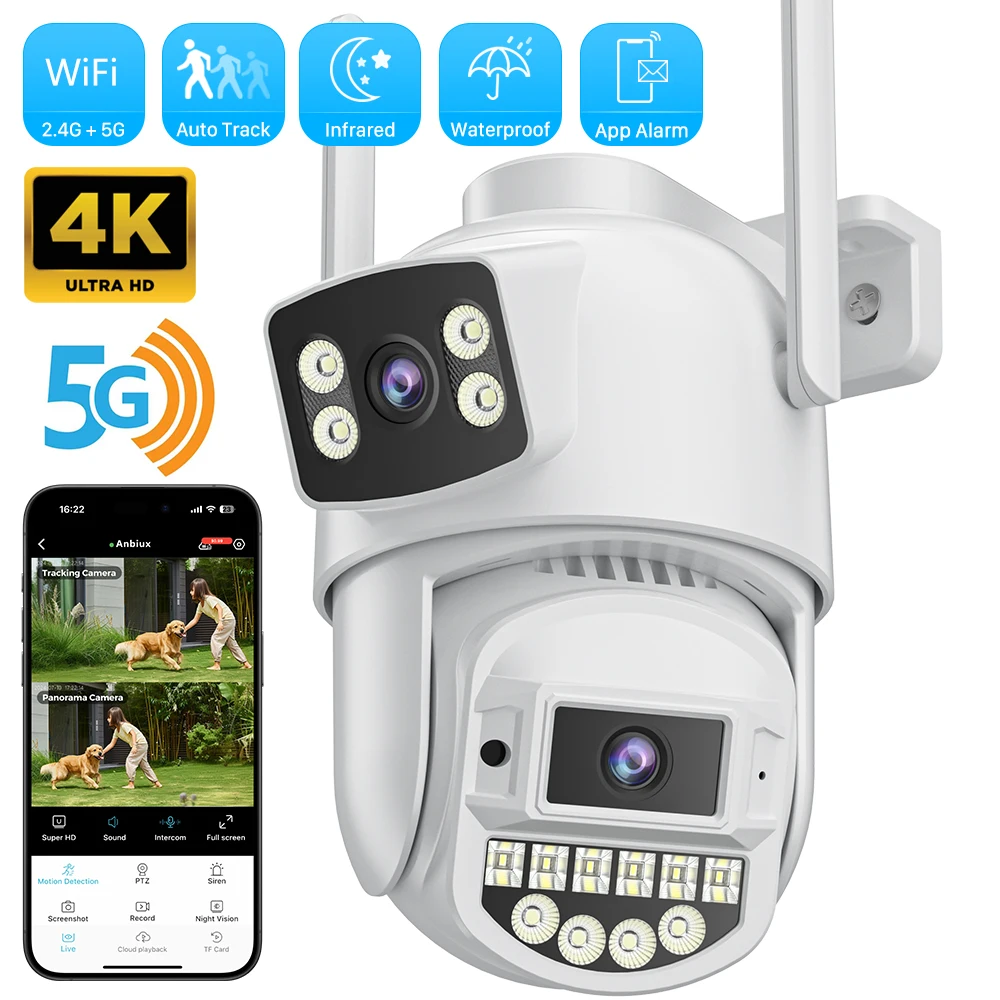 camera ptz de lente dupla com tela dupla rastreamento automatico ai cctv audio vigilancia por video 5k 10mp hd wifi 8mp ao ar livre ip o kam pro 01