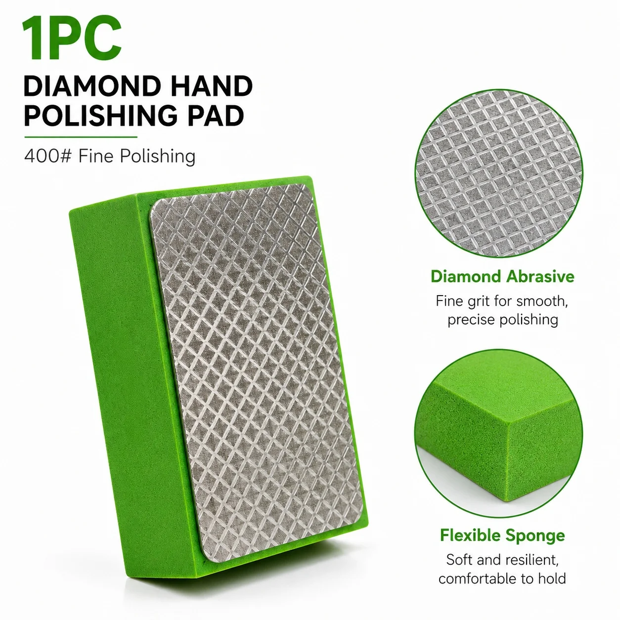 400# Diamond Hand Polishing Pad Wet Dry Sanding Block Foam Back Abrasive Tool for Tile Glass Metal Wood Marble Grinding
