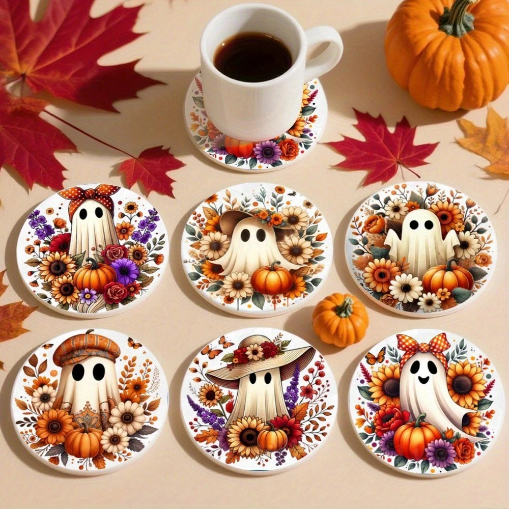 6pcs 2D 4in Halloween autumn ghost wooden Cup Coaster pumpki