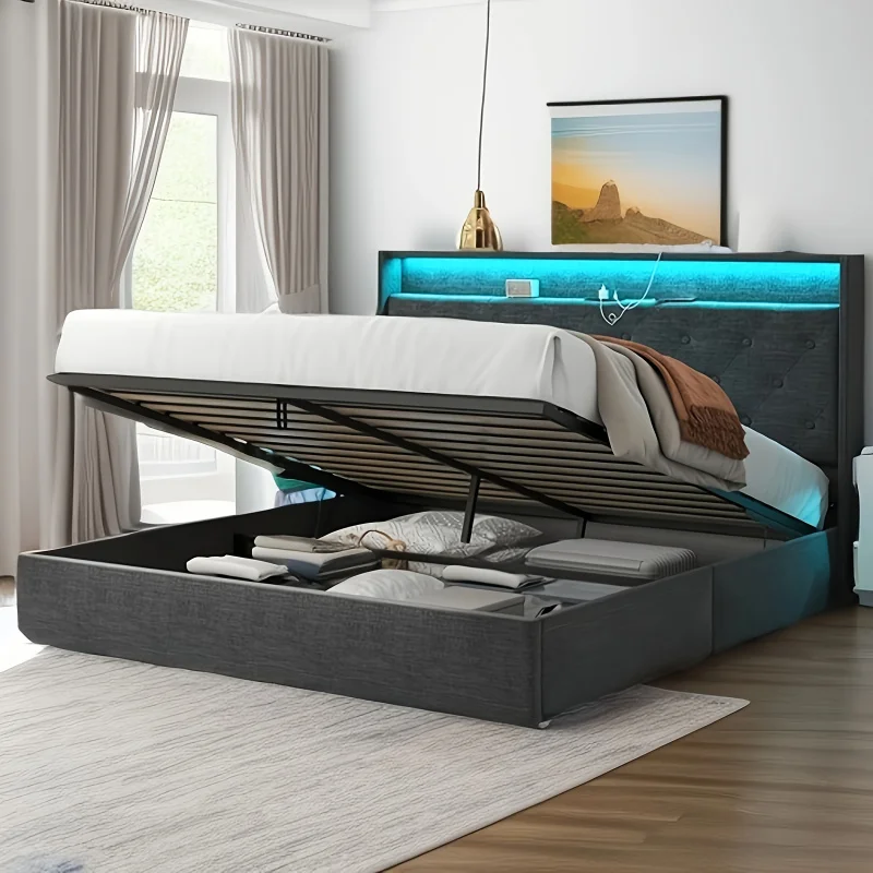 Luxury Convex Edge Storage Bed - Hydraulic Lifting，Modern Soft-Covered Platform Bed Frame