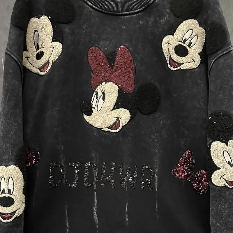 Autumn Heavy Industry New Style Distressed Embroidered Cartoon Crew Neck Sweatshirt Women's Loose Casual Versatile Pullovers Top