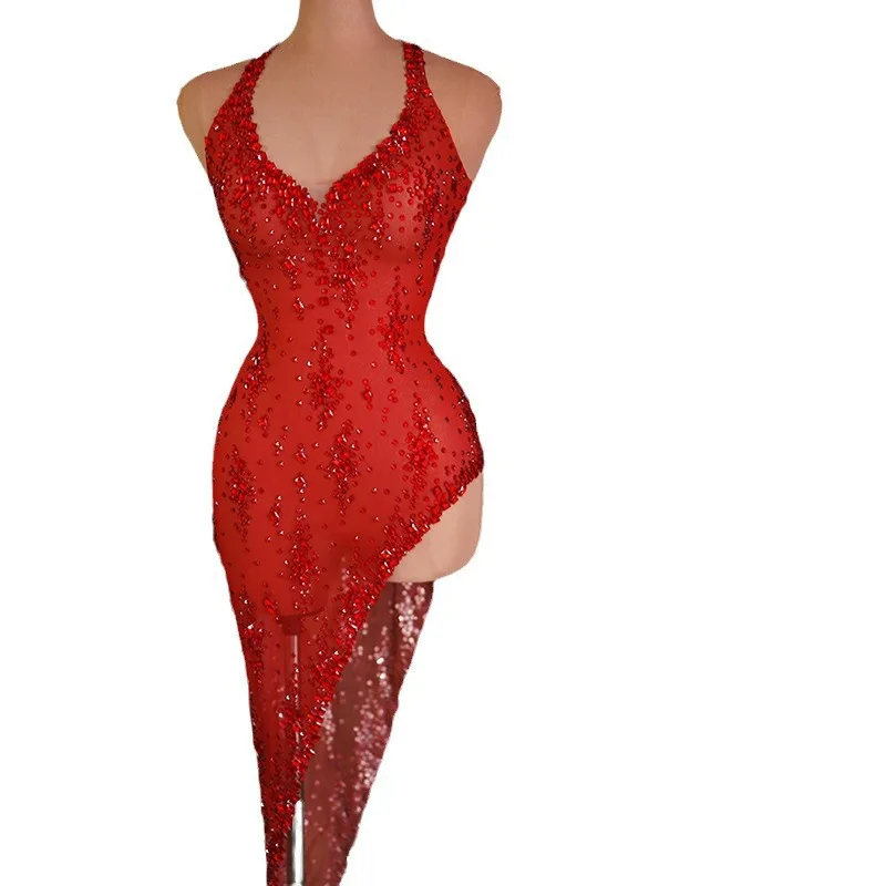 Red Neck Temperament Side Split Birthday Dinner Light Luxury Gift Dress Bar Dance Model Catwalk Dress Vestido Piedras Brillantes