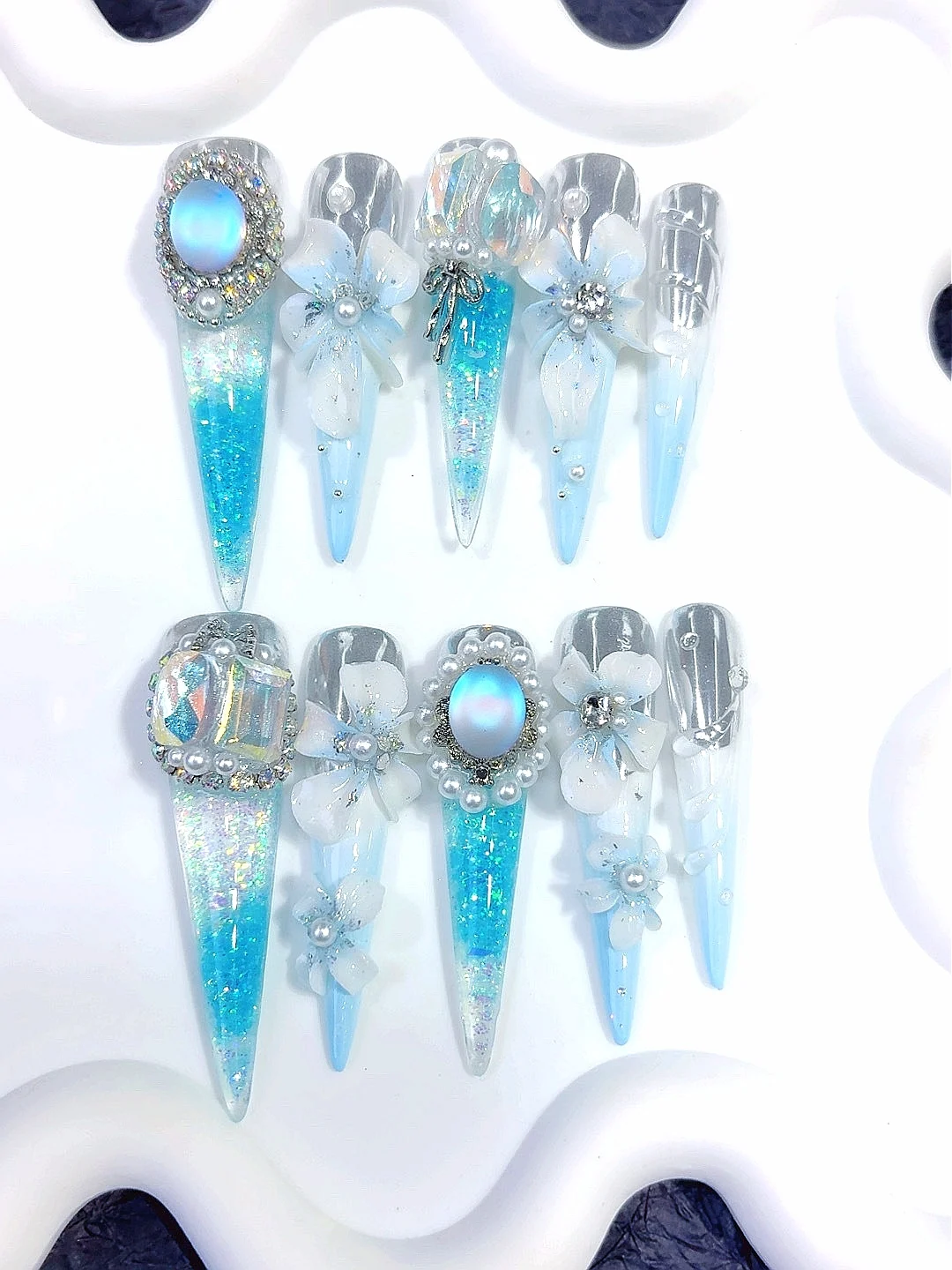 

Aqua Blue 3D Floral Moonstone Rhinestone Stiletto Press on Nails - Handmade Elegant Bling False Nails with Holographic Glitter