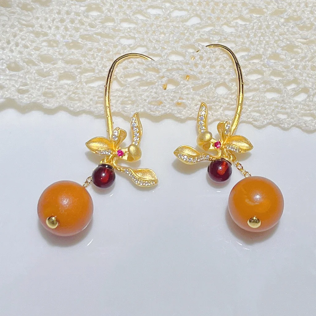 

Romantic Amber & Blood Amber Lotus Earrings for Women, 925 Silver Drop Dangle Jewelry Gift for Love