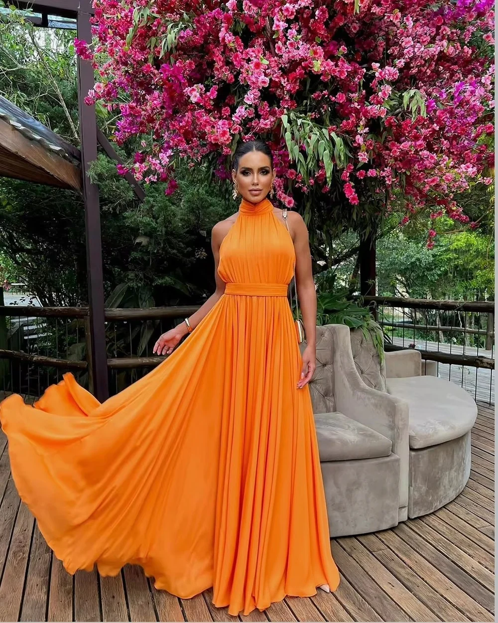 Women Chiffon Long Dresses Ladies Sleeveless High Waist A Line Maxi Dress For Party Wedding Guest Evening Prom Gown