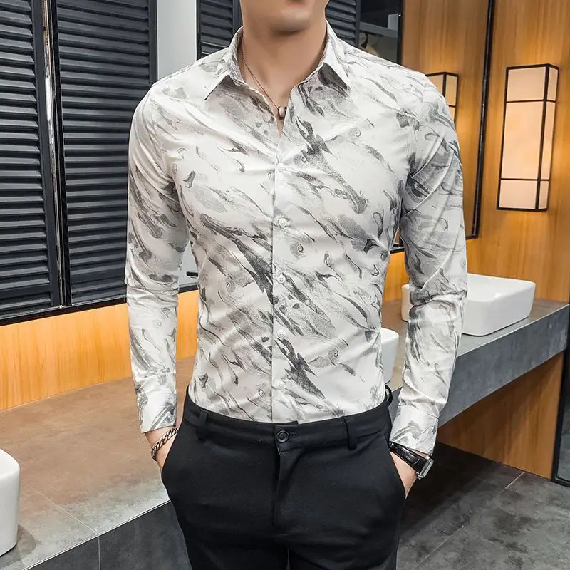 Men Clothing Korean Fashion Print Business Casual Button Down Shirt Spring Autumn Lapel Long Sleeve Slim Tops Camisas De Hombre