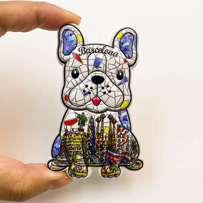 Barcelona Tourist Souvenirs Creative Mosaic Architecture French Bulldog Puppy3d3D Decorative Fridge Magnet Gift