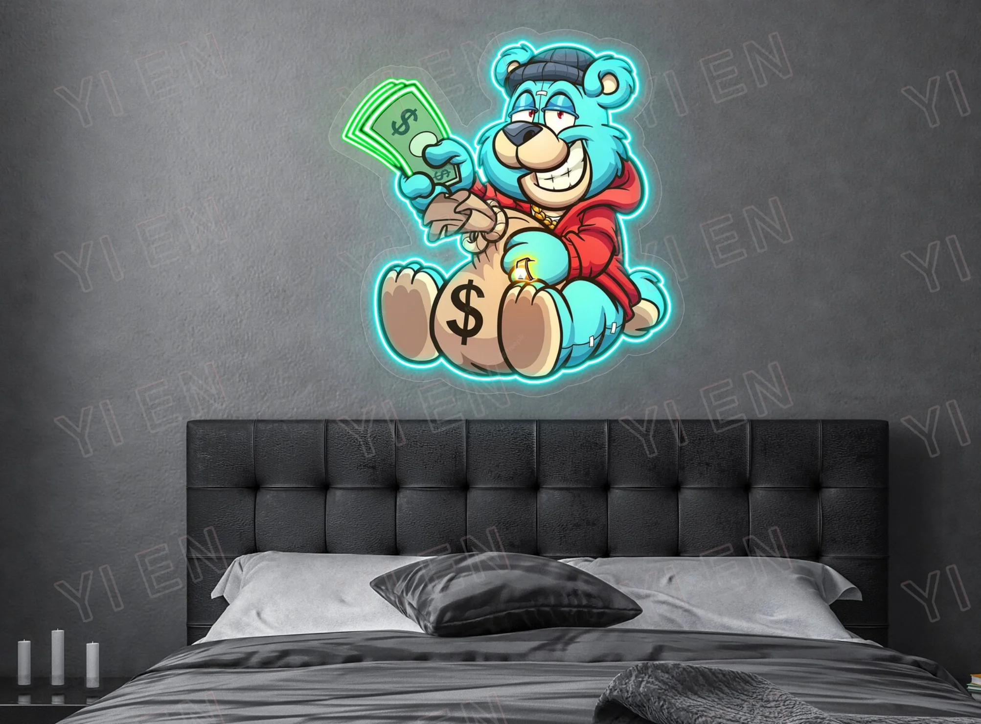 Imagem -02 - Neon Pop Art Urso com Notas do Dólar Impressão uv Decoração da Parede Única Tema do Dinheiro Presente Personalizado Loja Sala de Jogos Decoração de Casa