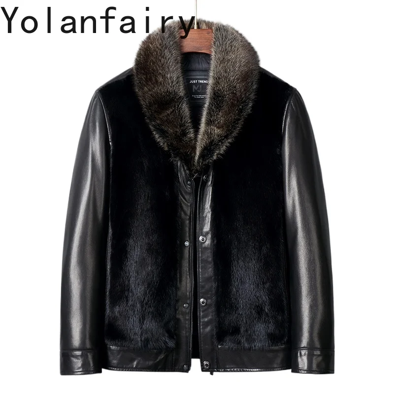 YOLANFAIRY Genuine Leather Jackets Man Winter Real Goatskin Spliced Mink Fur Coat Men Raccoon Fur Collar Short Puffer Jacket
