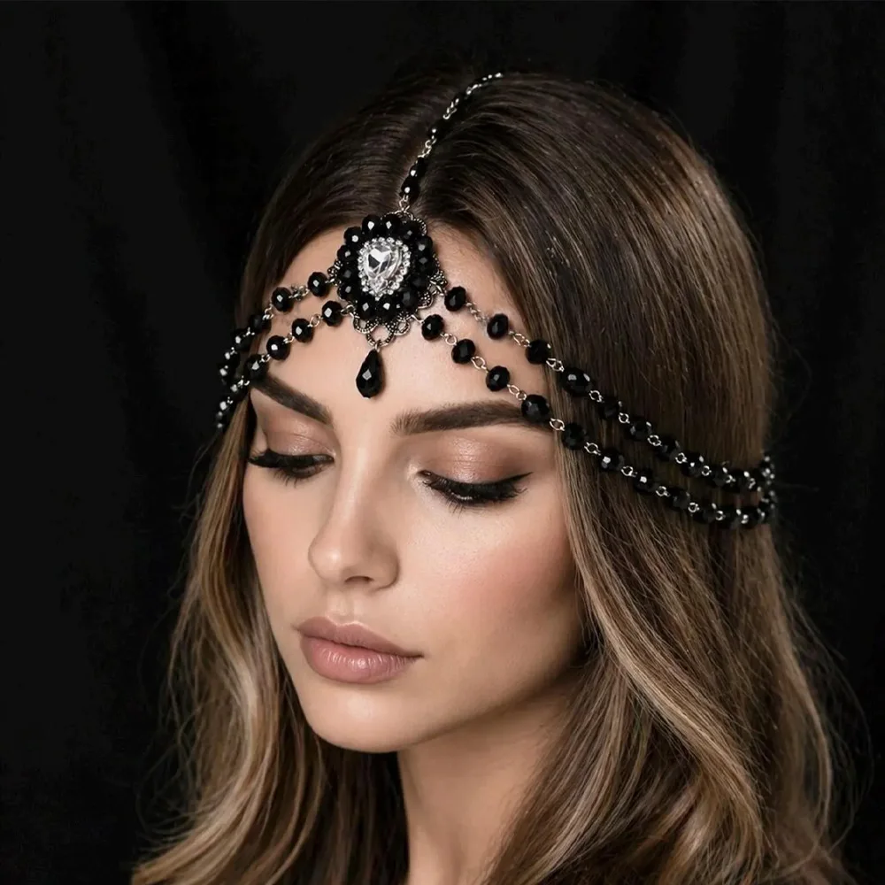 Gothic Dark-style Head Chain Zircon Inlays String Beads Hair Accessory Luxurious Dance Party Halloween Headpiece for Ladies