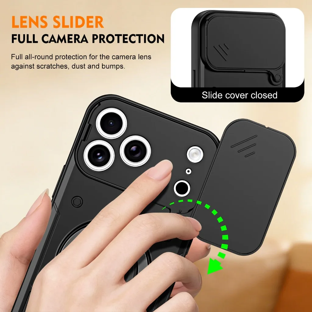Armor Shockproof Phone Case w/ Slide Camera Cover 360° Rotatable Ring Holder Kickstand For iPhone 16 17 Pro Max Protective Cover - view 5