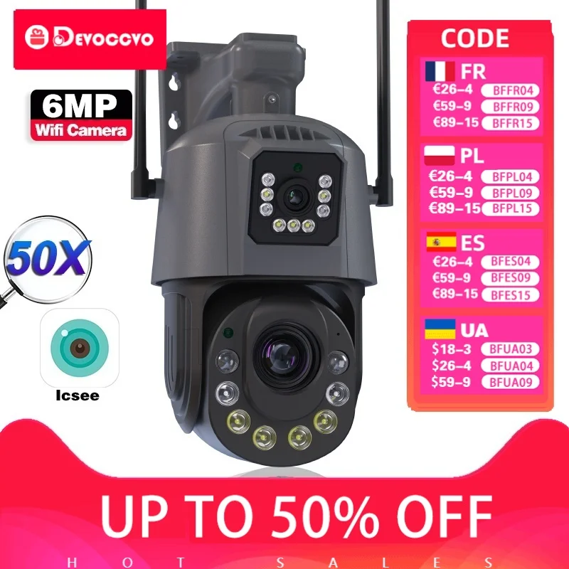 

6-мегапиксельная Wi-Fi PTZ IP-камера, уличная камера с двумя объективами, двойной экран, 50-кратный 30-кратный зум, обнаружение человека, беспроводная камера видеонаблюдения 2K