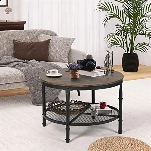 

Coffee Table Small Round Coffee Table with , Rustic Wood Central Table with Sturdy Metal Legs & Open Shelf for Living Room,