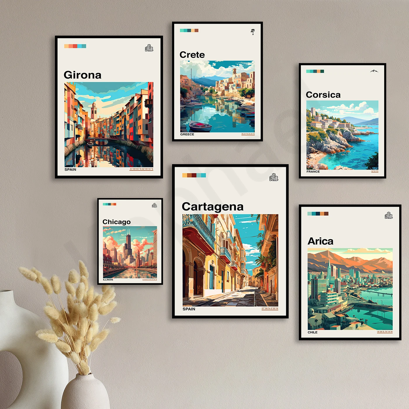 Cambridge Cartagena Chamonix Chicago Arica Cincinnati Copenhagen Corsica Crete Girona Glasgow. City Travel Landscape Poster