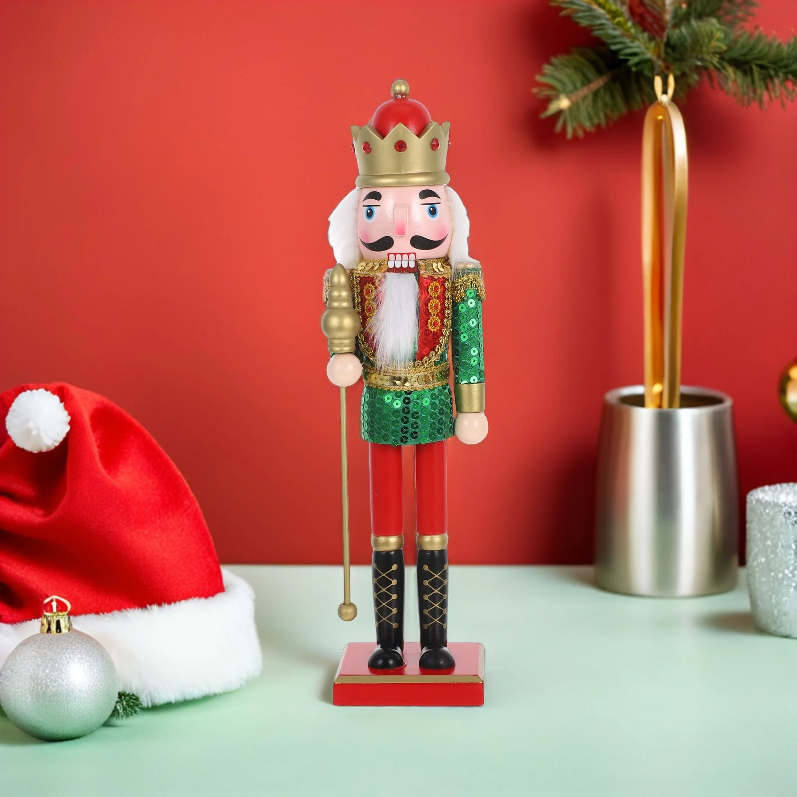 

38Cm Wooden Nutcracker Soldier Decoration Bright Christmas Tree Ornament Holiday Desktop Decor Mini King Soldier Xmas Puppet