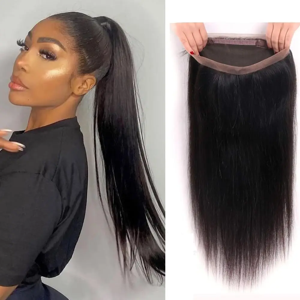 360 Lace Frontal Only Straight Human Hair Pre-Plucked Transparent Lace Closure Only Natural Color 360 Lace Closure for Women