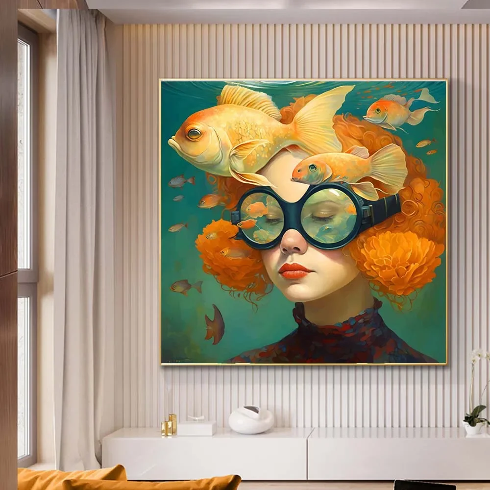 Surrealism Woman Portrait Canvas Painting Wall Art Wonderful Fantasy Fish And Girl Poster Prints For Living Room Home Decor