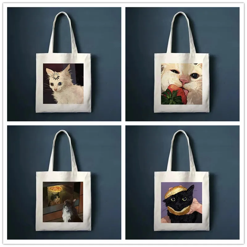 Kawaii Women Casual Shoulder Bag Cute Cat Shopper Shopping Bags Harajuku Reusable Tote Canvas Bag Large Capacity Girls Handbags