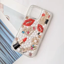 Luxury Fancy Phone Case with Hot Pearl and Lip Bling, iPhone 15 13 16 14 Pro Max, DIY High Heel