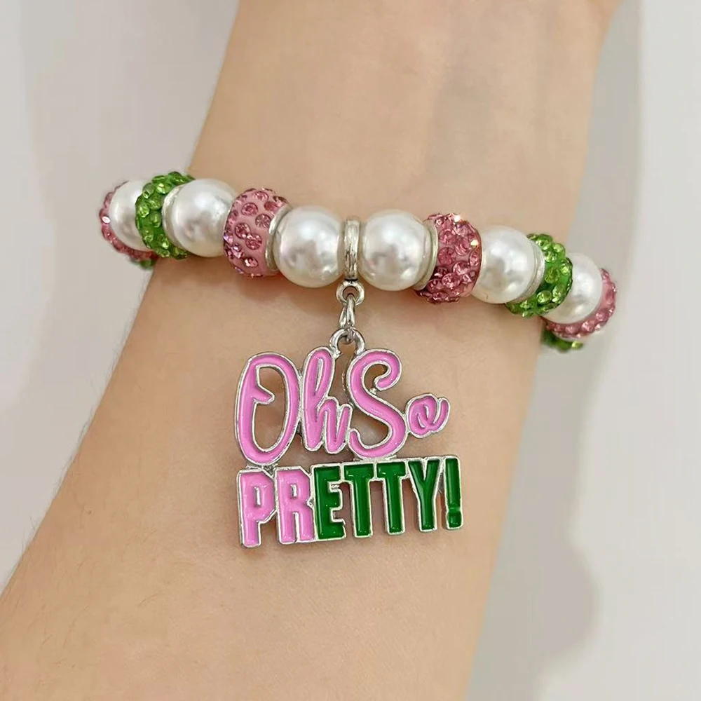 Delicate pink green sisters club symbol ivy letter charm elastic bracelet