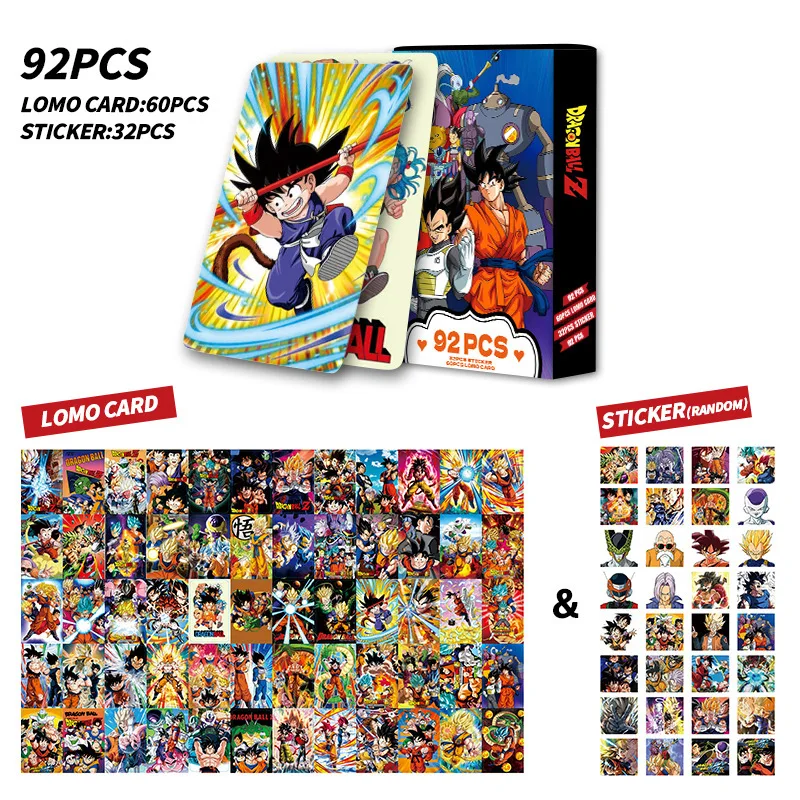 Dragon Ball Son Goku 60Pcs LOMO Card + 32pcs Stickers Anime Photo Cards Greeting Cards Kids Collection Gift Postcards Toy