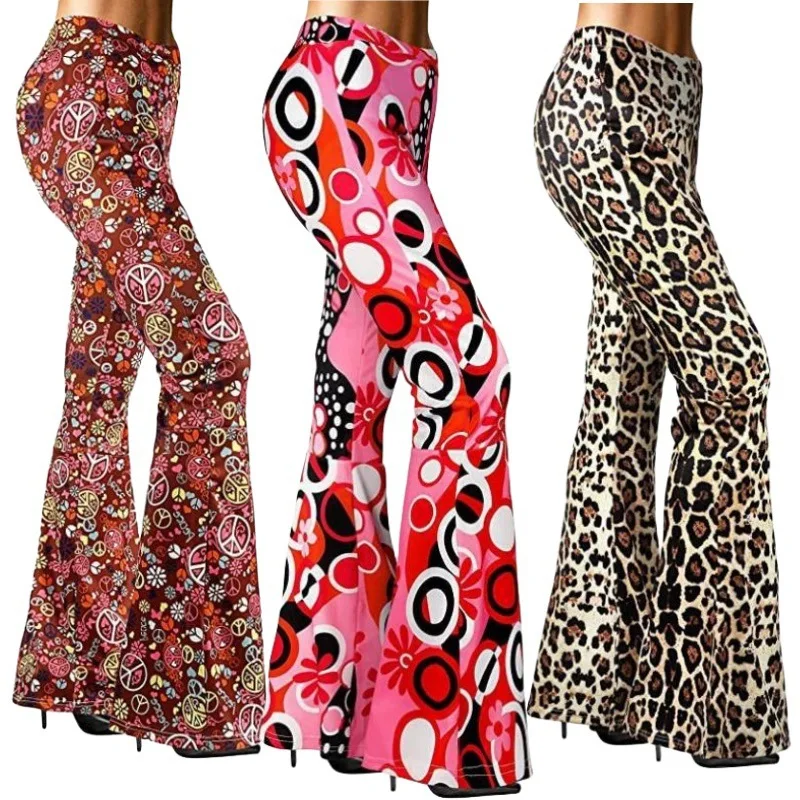 SXXXL Women's Hippie Style Wide Leg Bell Bottom Pants Set Color Block Print Long Trousers Fashionable Ethnic Women's Wear