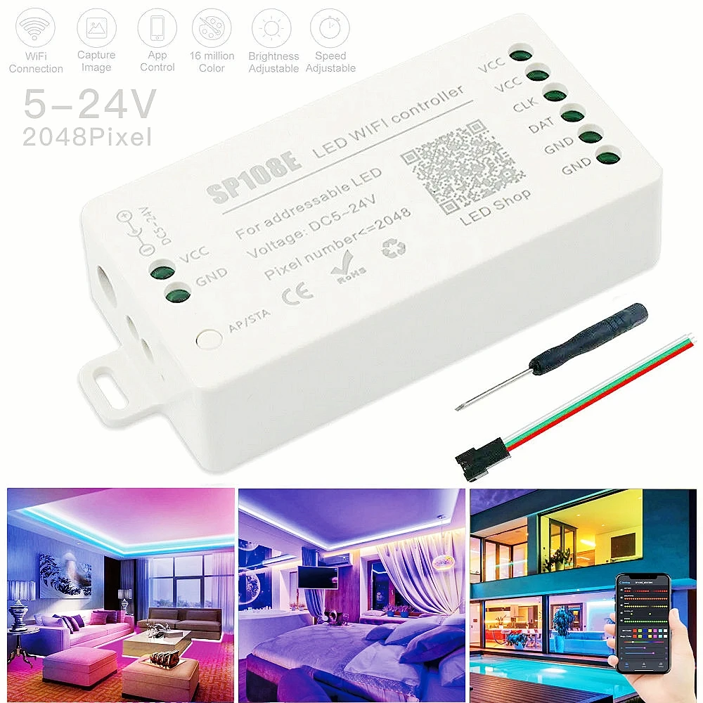 

SP108E LED Control Dimmer Pixel Wifi Smart APP Addressable SMD COB LED Light Strip Max 2048 Pixels DC5-24V For WS2812B WS2811