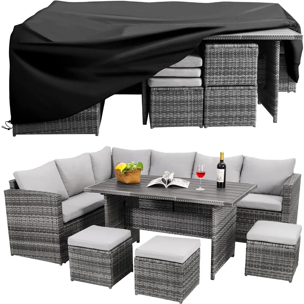 Patio Furniture Set, 7 Pieces Outdoor Patio Furniture with Dining Table&Chair,with Ottoman,Grey (Include Sofa Dust Cover)