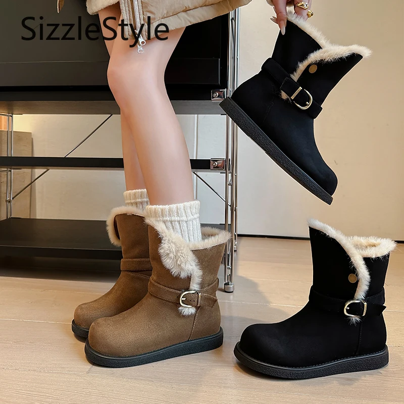 

Stylish Suede Women's Simple Belt Buckle Decoration Hidden Wedge Heel Warm and Comfortable Flat Snow Boots