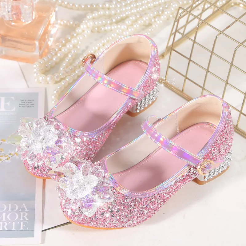 

Girls High Heels 2024 Spring Kids Princess Party Shoes Colorful Sequins Shoe Children Luxury Crystal Wedding Dance Party Shoes