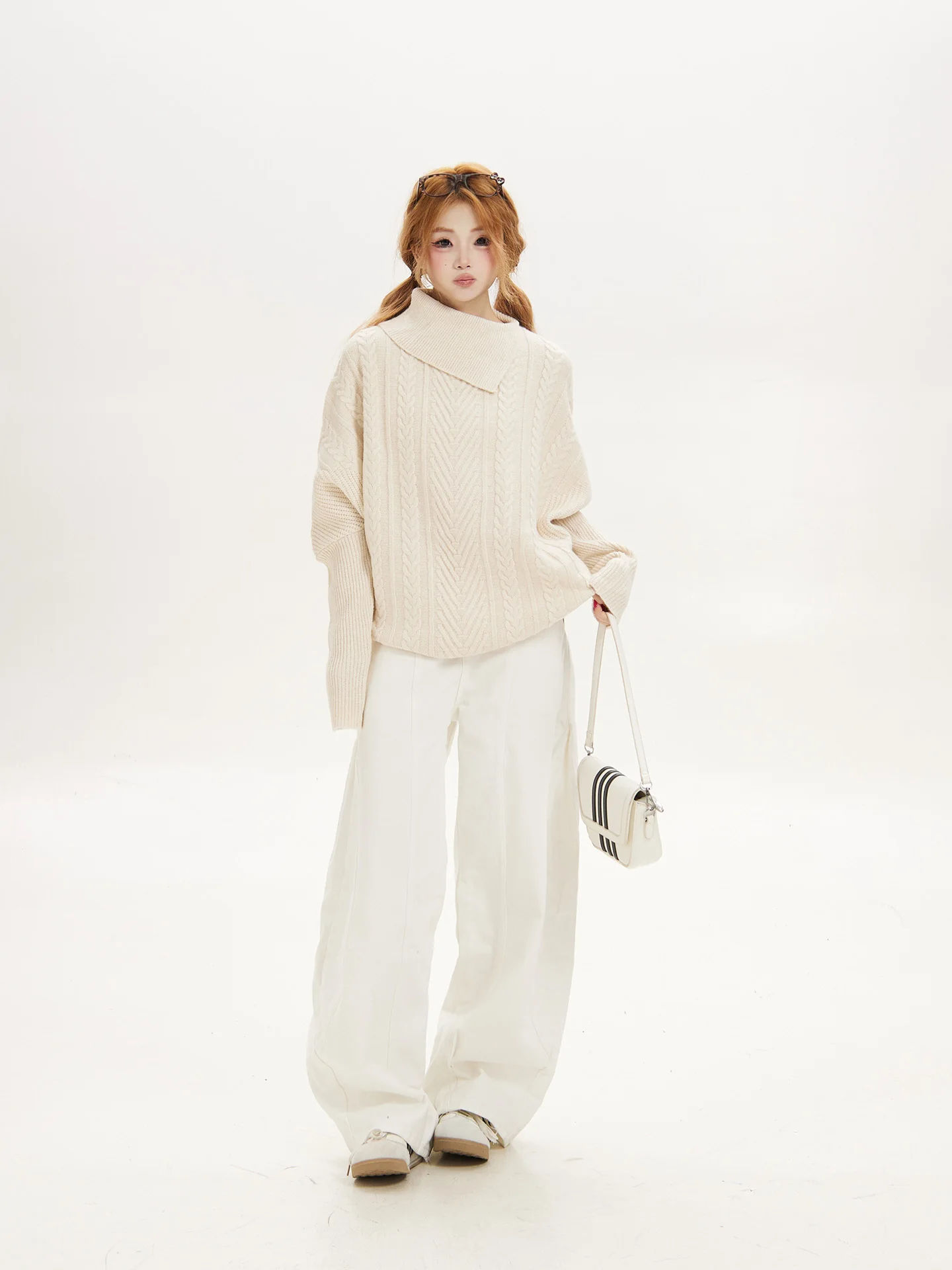 Korean Style Women's High Collar Batwing Sleeve Knitted Sweater Soft Cozy Autumn Winter Versatile Lazy Twist Yarn Top