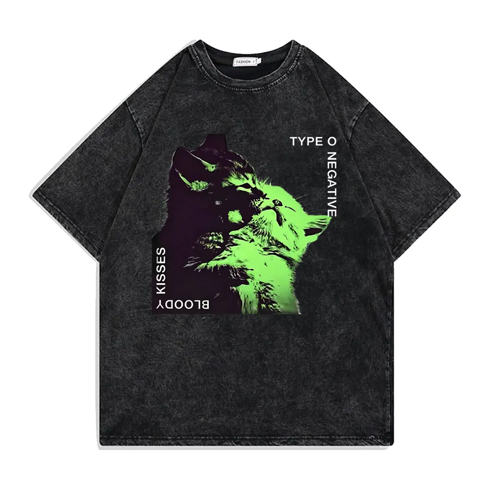 Washed Vintage Type O Negative Bloody Kisses Cat Funny Graphic T-shirts Men Women Retro Rock Metal Gothic T Shirts Streetwear