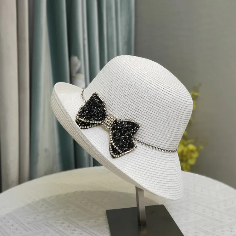 Designer bowler hat Fashion bow rhinestone beach hat UV protection sun visor Sun hat Sun protection