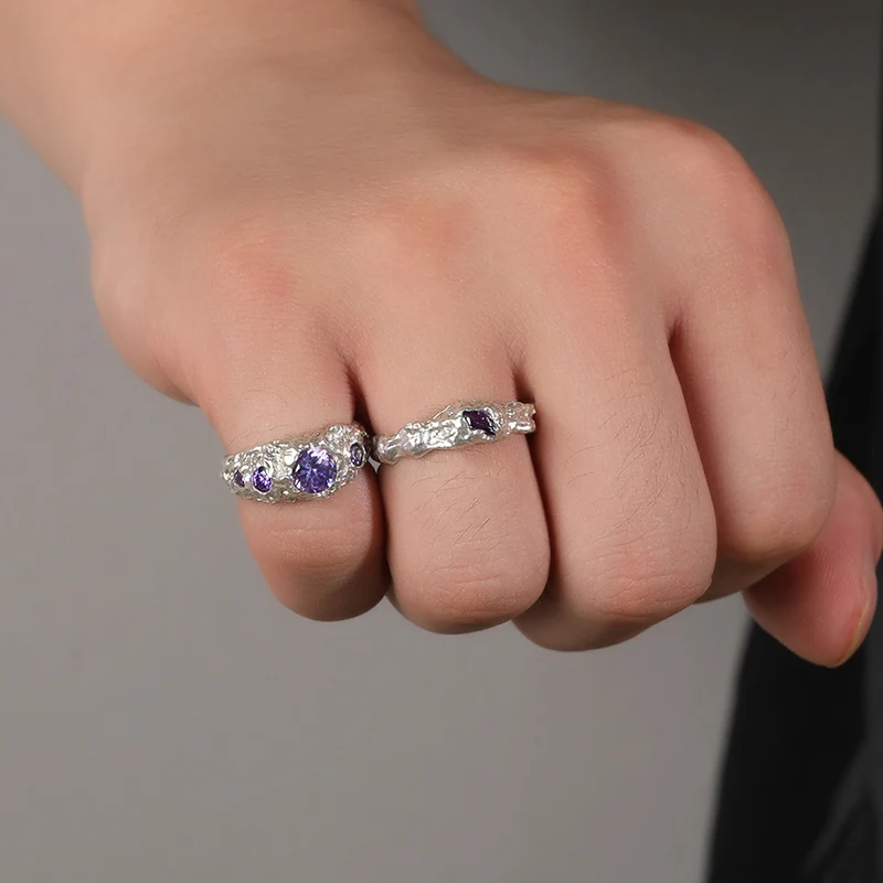 S925 Sterling Silver Irregular Lava Texture Finger Rings for Women Men Adjustable Size Purple CZ Wedding Ring luxury Jewelry