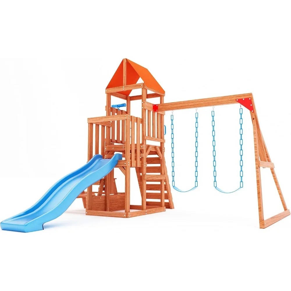 

Cedar Wooden Swing Sets for Backyard, Playground Sets for Backyards with 2 in 1 Outdoor Table, Wave Slide