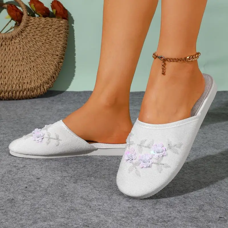 Bunte Pailletten-Blumen-Hausschuhe für Damen, Herbst, leichte, weiche Plüsch-Mules, warme Schlafzimmer-Slipper für Frauen – Detail 11