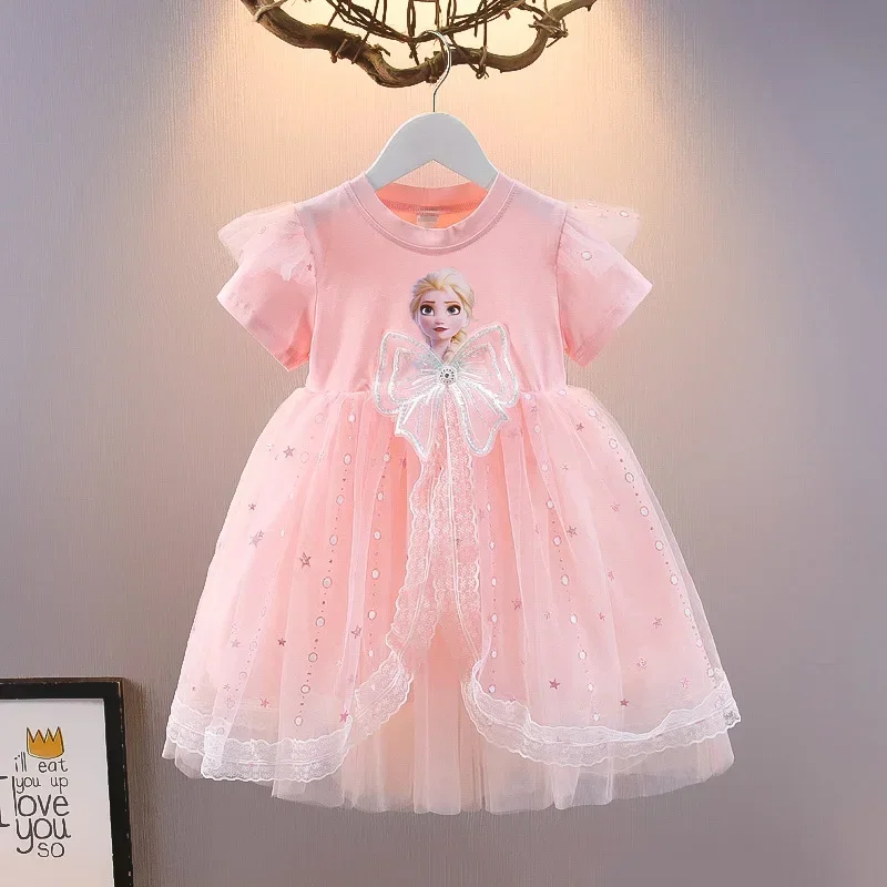 ديزني طفلة الصيف قصيرة الأكمام القوس إلسا الأميرة تي شيرت فستان الأطفال شبكة منتفخ فستان المجمدة