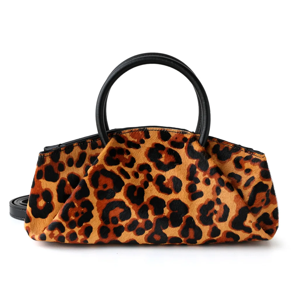 

Leopard print cloud bag 2025 new niche design genuine leather pleated vintage one-shoulder crossbody bag women's cowhide handbag