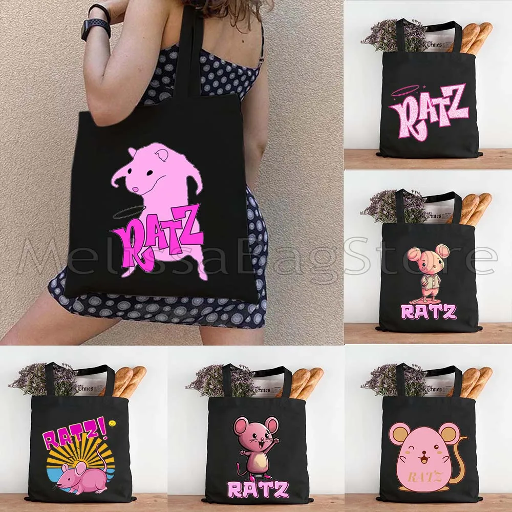 Cute Kawaii RATZ FUNNY RATT PINK RATZ Meme Tote Bag Reusable Grocery Canvas Shopping Harajuku Shopper Bags Women Shoulder Bag