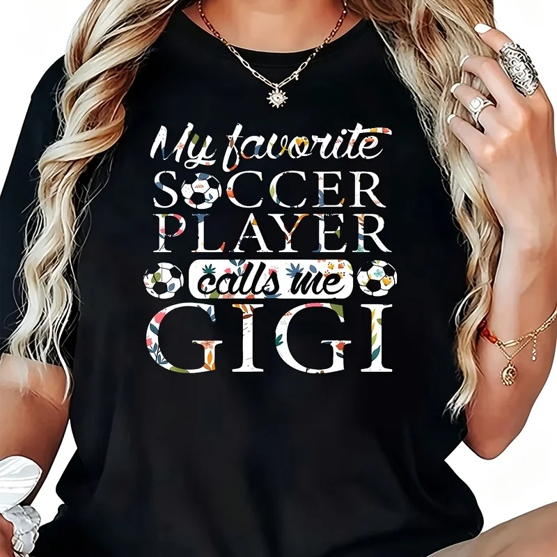 My Favorite Soccer Player Calls Me Gigi Flower Women's T-Shirt 100% Cotton Funny Graphic Short Sleeve Tee Novelty Shirt Casual Crew Neck Top S-5XL