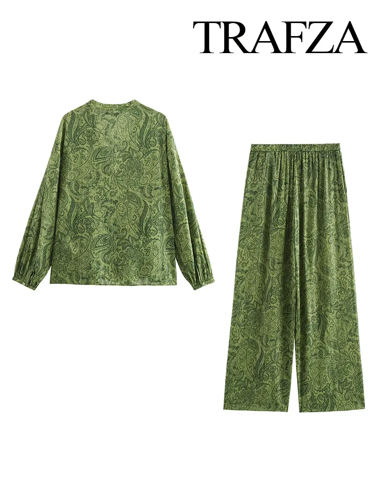 TRAFZA Women 2 Piece Set Green Print V-Neck Single Breasted Long Sleeves Loose Blouses Shirts+Drawstring High Waist Long Pants