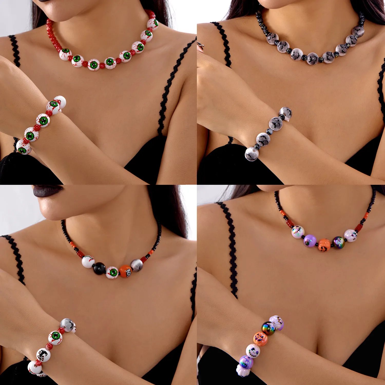 Gothic Halloween Blood Hand Magic Eye Bat Pumpkin Ghost Spider Printed Wooden Bead Bracelet Necklace Set