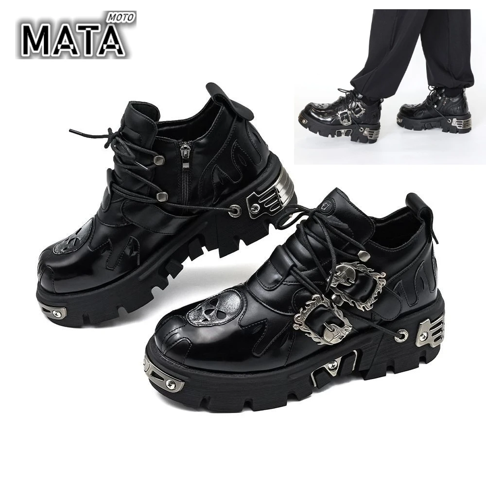 

Moto Retro Boots Men and Women Vintage Rock Couple Shoes New Dark Punk Leather Metal Niche Design Unisex Single Platform Shoes