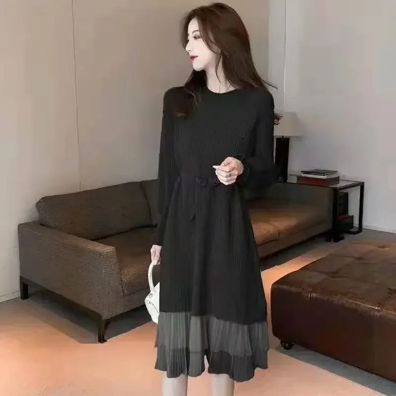 Crochet Dresses for Women Chic and Elegant Pretty Korean Style Woman Knitted Dress A Line Thic Long Sleeve Luxury Trendy Elastic