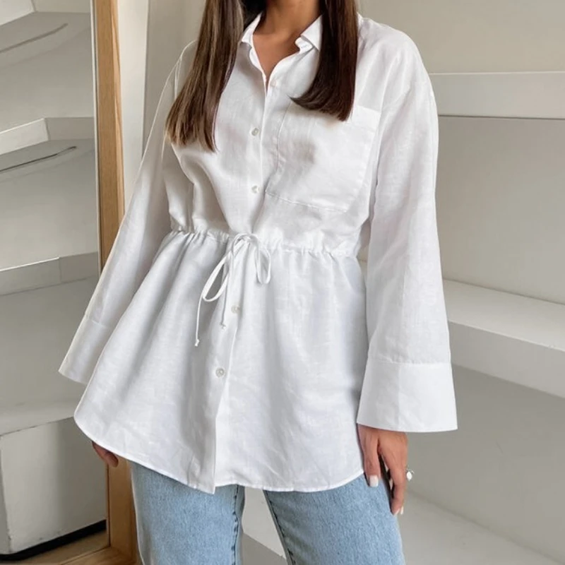 

Fashionable and Simple Design, White Cotton and Linen Loose Lapels, Lace-up, Niche Versatile Women's Shirt