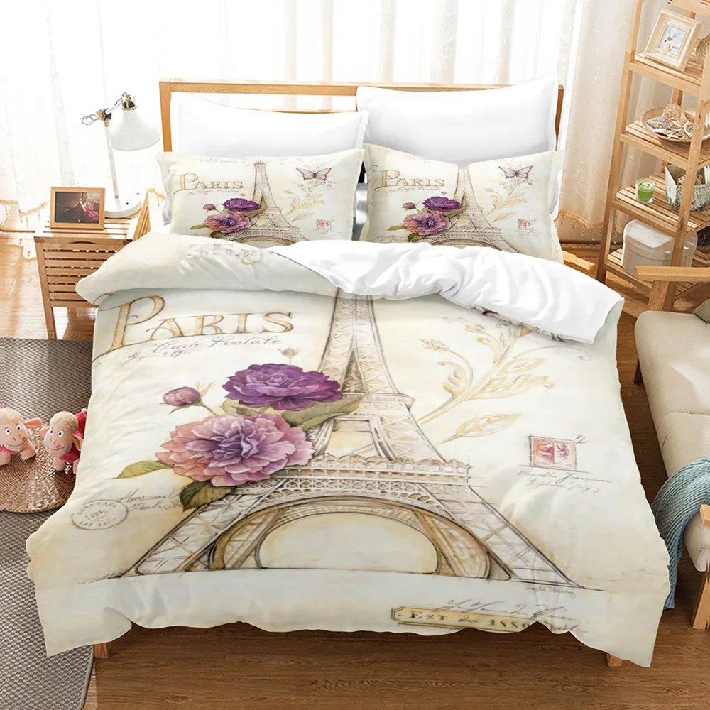 Eiffel Tower Duvet Cover Set King Queen Size Europe City Building Theme Flower Polyester Quilt Cover For Teens Kids Bedding Set