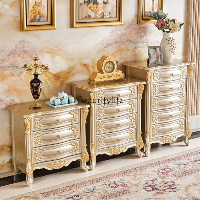 

European solid wood carving flower chest, American luxury storage champagne gold chest of drawers